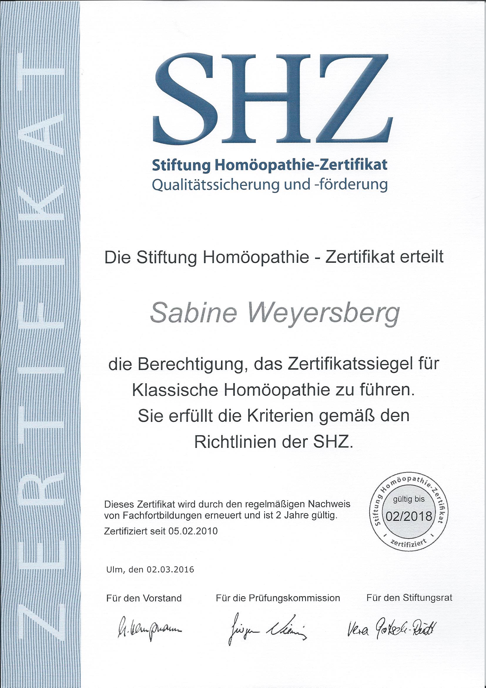 Zertifikatssiegel für Klassische Homöopathie der SHZ